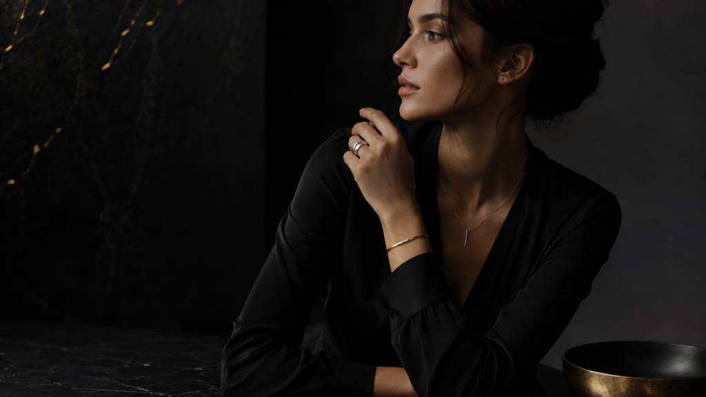 A woman in a dark luxury editorial setting wearing YSNNOIR jewelry with black and gold cinematic lighting.