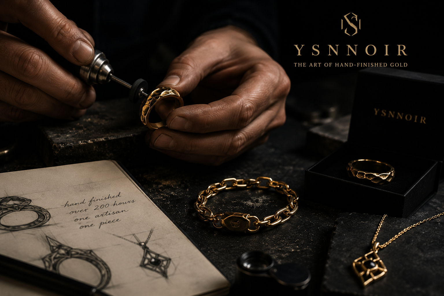 Hand-Finished Gold Jewelry: Is It Worth It? A jeweler hand-finishing gold jewelry in a dark YSNNOIR atelier with luxury black and gold styling.