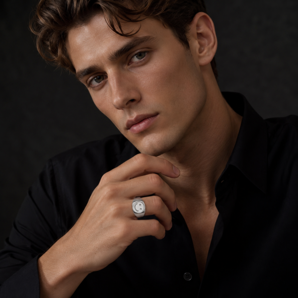 Male model wearing silver smiley face signet ring