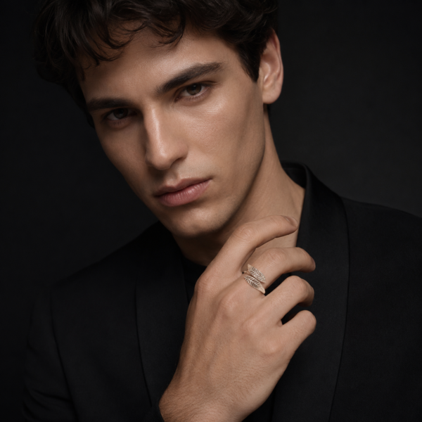 Male model wearing silver double wing open ring