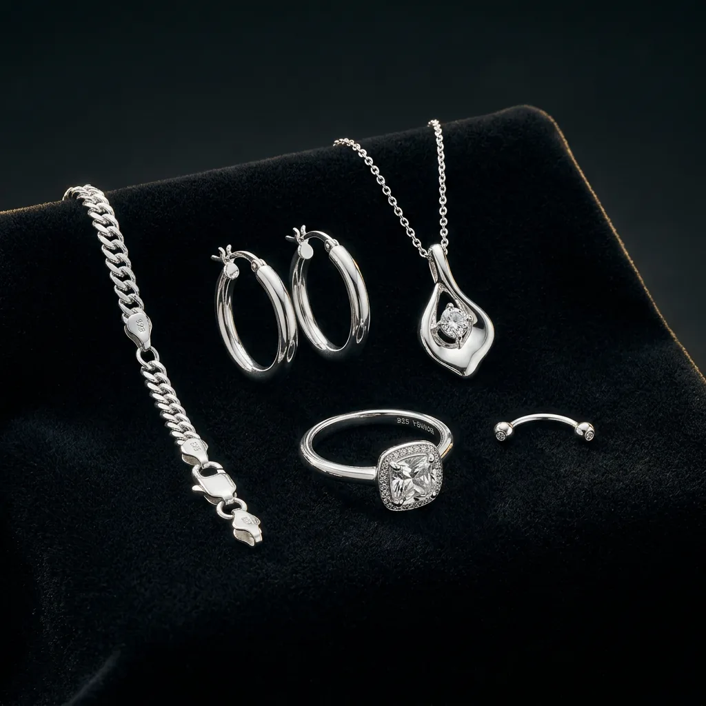 Silver-tone reward jewelry set with ring, earrings, necklace, bracelet and brow stud