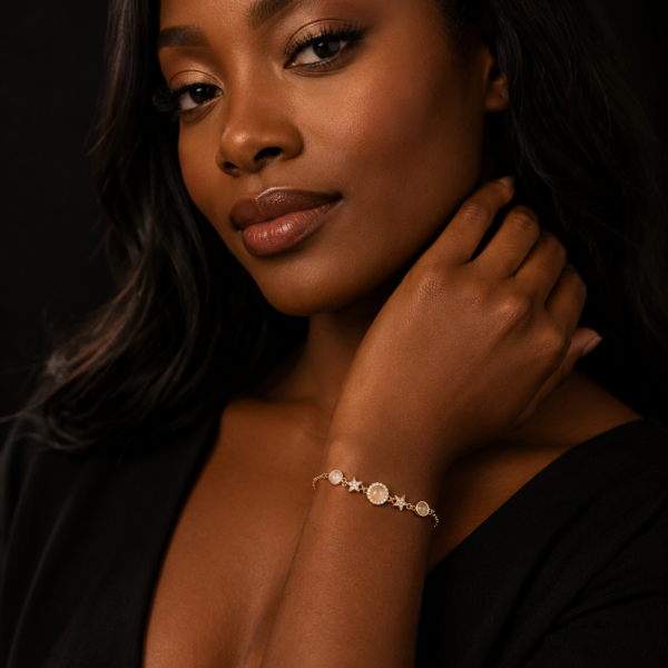 Model Wearing Gold Pearl Star Bracelet