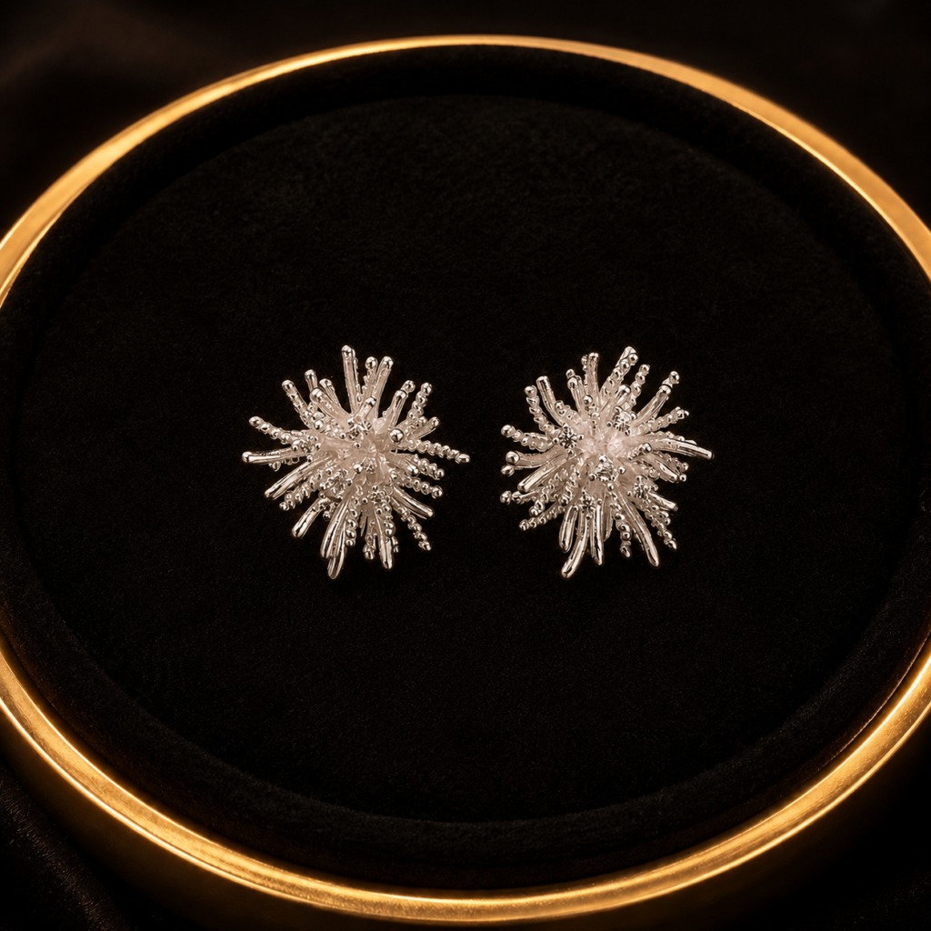 Silver-tone starburst stud earrings on a black jewelry tray