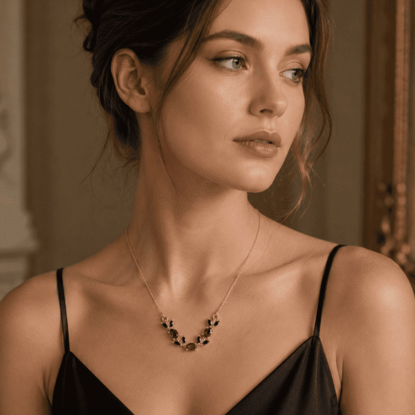Model wearing a black and red leaf crystal-style necklace