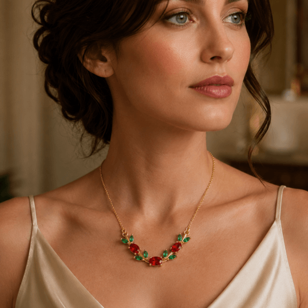 Model wearing a red floral leaf crystal-style necklace