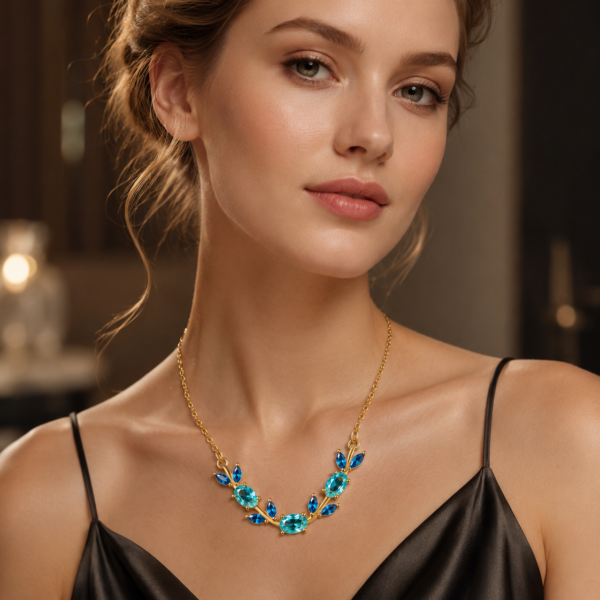Model wearing a multicolor butterfly and leaf crystal-style necklace