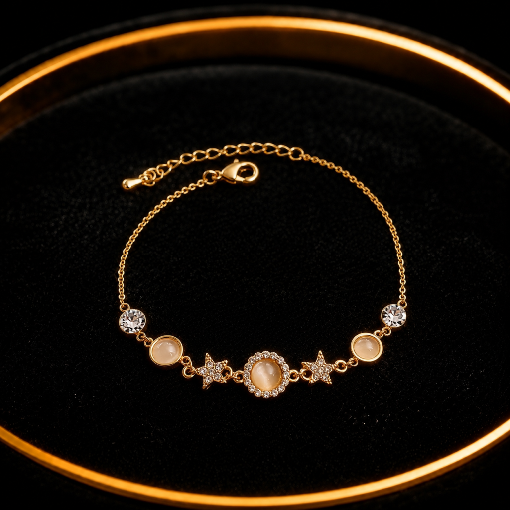 Gold-tone bracelet with pearl-like floral stations on a black tray