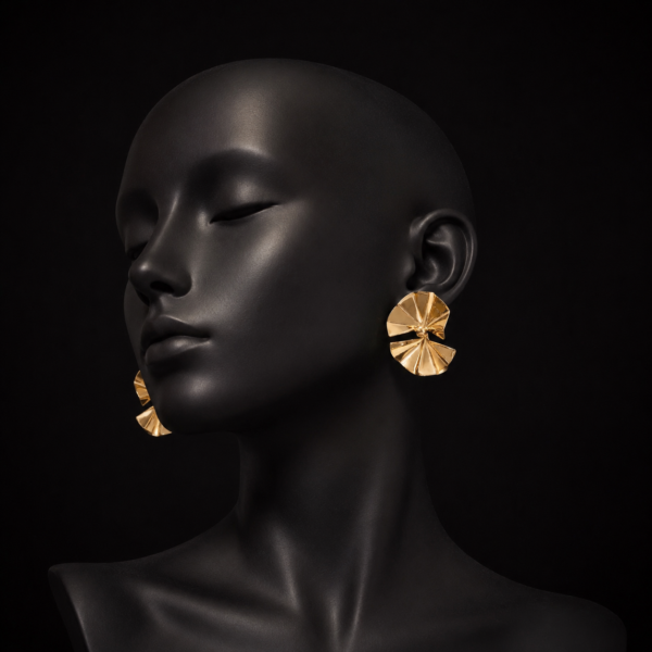 Gold-tone folded petal statement earrings shown from the side on a black mannequin